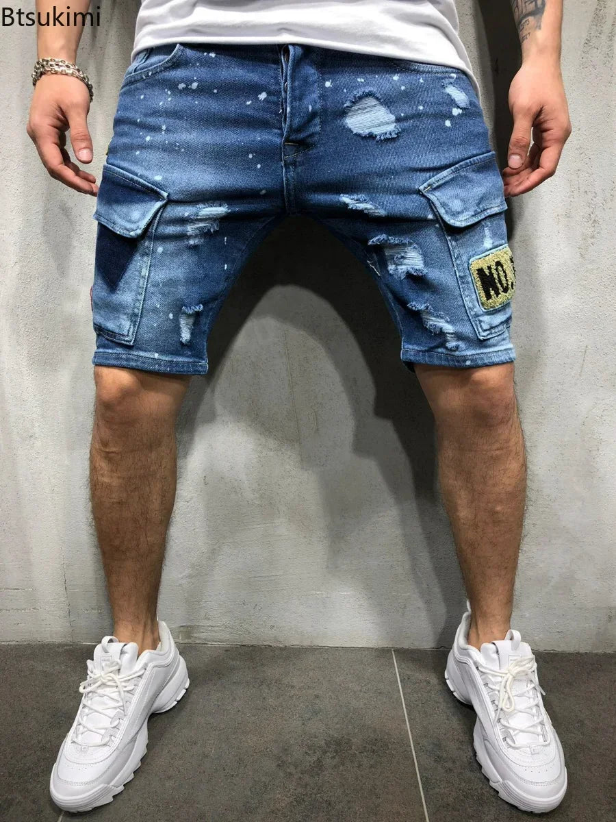 2026 Men's Summer Short Jeans High Stretch Fashion Casual Denim Shorts Male Slim Fit Elastic Badge Pockets Hole Shorts for Men