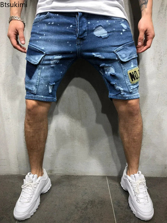 2026 Men's Summer Short Jeans High Stretch Fashion Casual Denim Shorts Male Slim Fit Elastic Badge Pockets Hole Shorts for Men