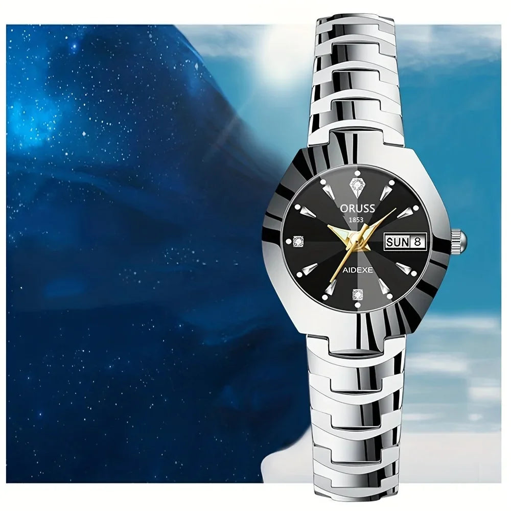 2pcs Couples Dial Cutting Quartz Watch Business Fashion Analog Calendar Wrist Watch Valentines Gift For Men Women Date Watch