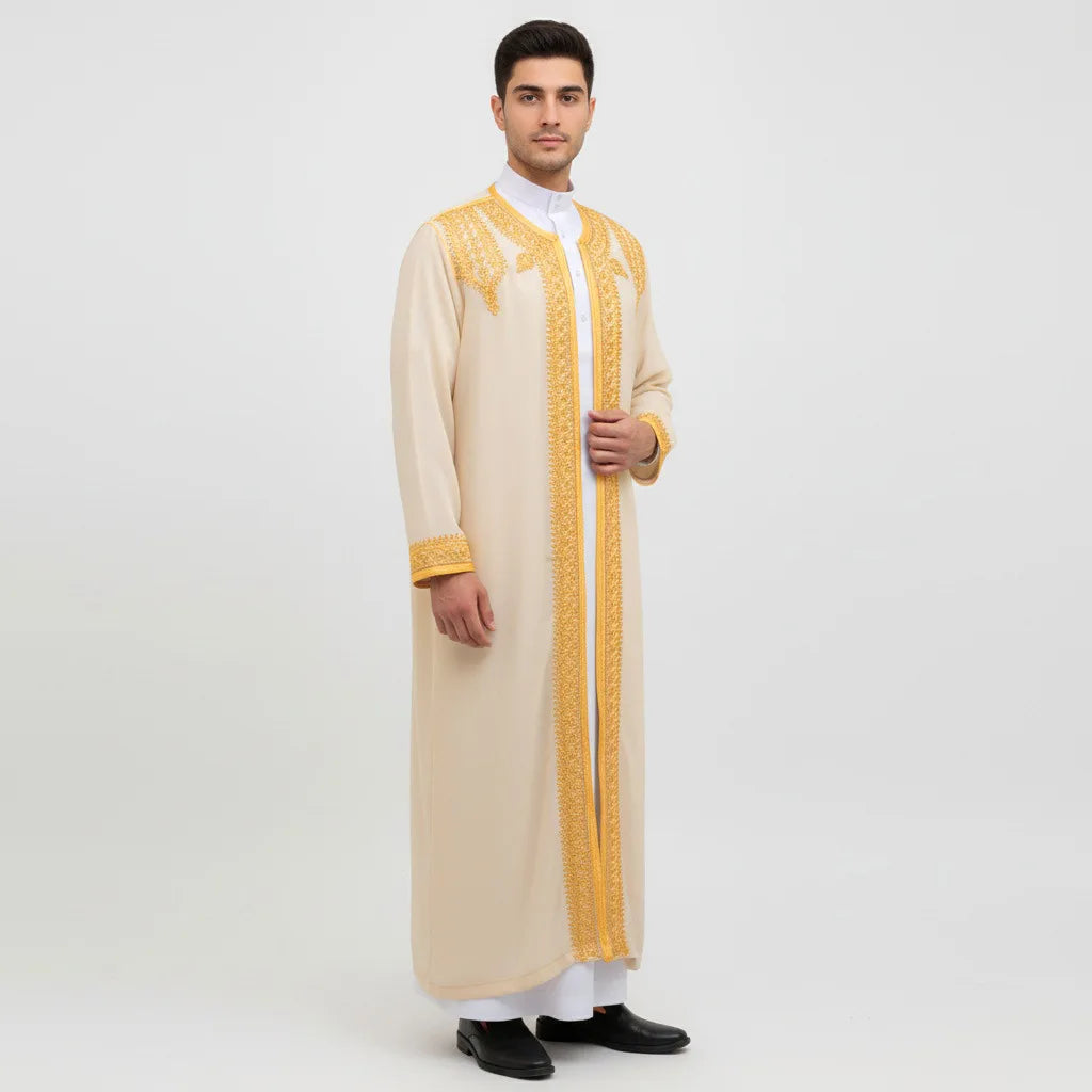 luxury Gold Embroidered Arab Traditional Long Robe Thobe Men's Formal Dress Middle East Ethnic Style Polyester Fiber