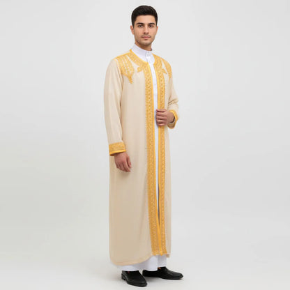 luxury Gold Embroidered Arab Traditional Long Robe Thobe Men's Formal Dress Middle East Ethnic Style Polyester Fiber