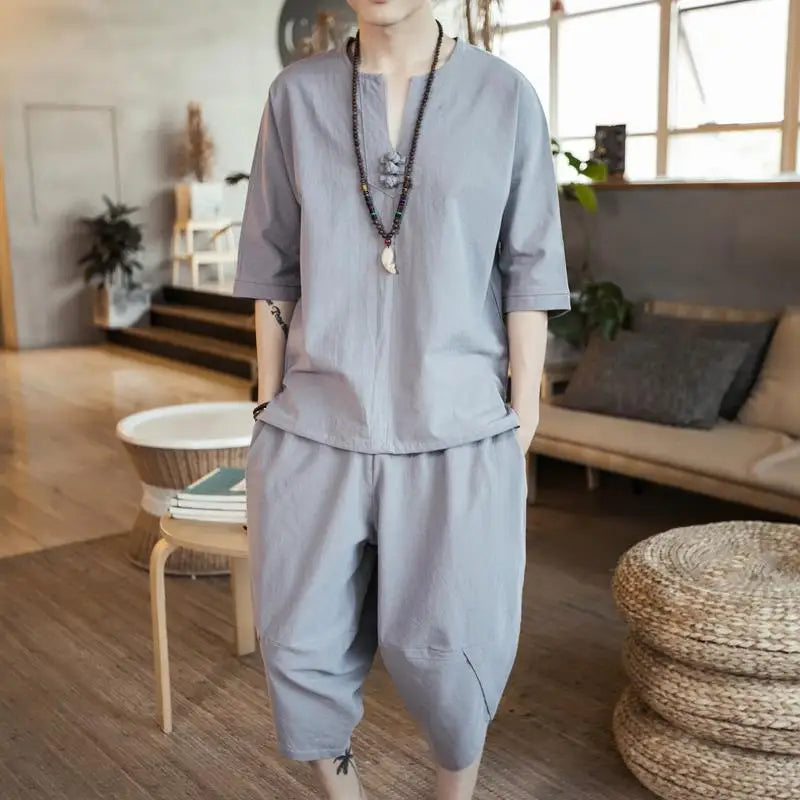 Loose Men's Short Sleeve T-Shirt Set Spring Summer Vintage Retro Tang Costume Hanfu Two-Piece Set Fitness Casual Wear Cotton