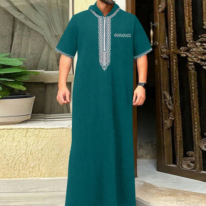 Muslim men's thobe long sleeves embroidered stand-up loose casual Saudi Arabia Islamic men's Abaya parties traditional clothing