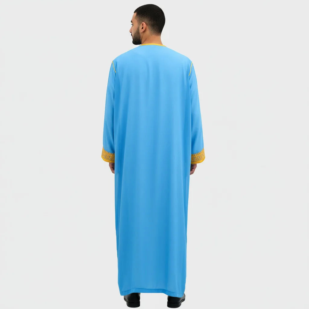 luxury Gold Embroidered Arab Traditional Long Robe Thobe Men's Formal Dress Middle East Ethnic Style Polyester Fiber