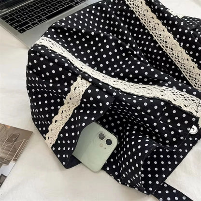 Korean Polka Dot Shoulder Bag For Women Retro Fashion Large Capacity Tote Bag Literary Work Commute Versatile Canvas Handbag