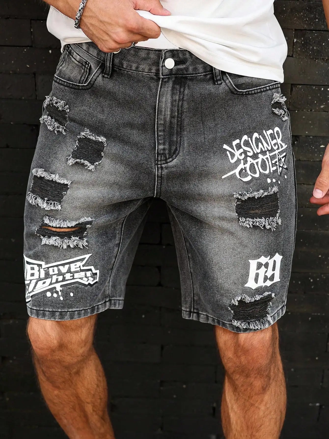 Short Denim Déchiré Imprimé – Style Casual Distressed &amp; Confort d'Été