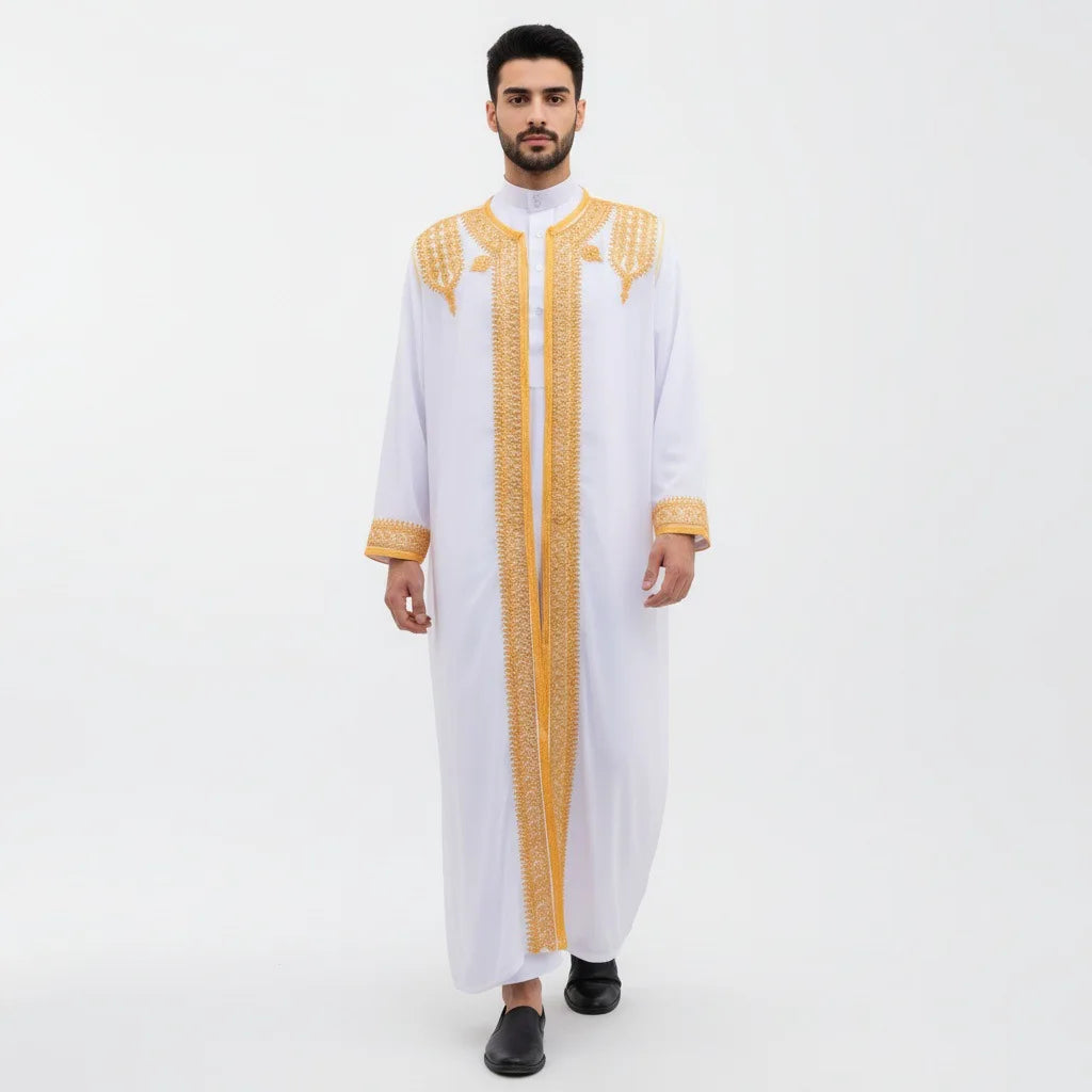 luxury Gold Embroidered Arab Traditional Long Robe Thobe Men's Formal Dress Middle East Ethnic Style Polyester Fiber