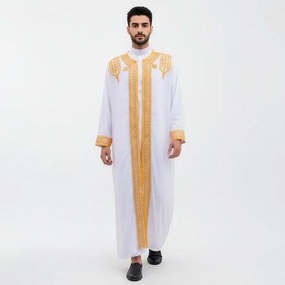 luxury Gold Embroidered Arab Traditional Long Robe Thobe Men's Formal Dress Middle East Ethnic Style Polyester Fiber