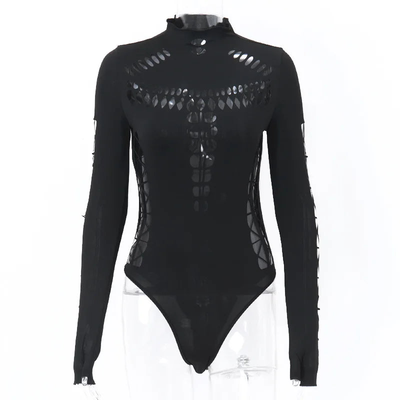 Body femme ajouré avec laçage croisé et manches longues, coupe moulante sexy, tenue de soirée ou club, style streetwear Y2K.