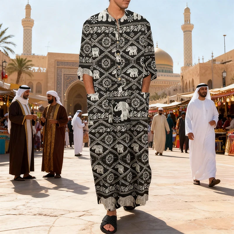 Men's Muslim Robes Ethnic Graphics Printed Long Sleeve Cotton Pockets Robes Casual Islamic Arab Kaftan Dubai Kaftan 2025 New