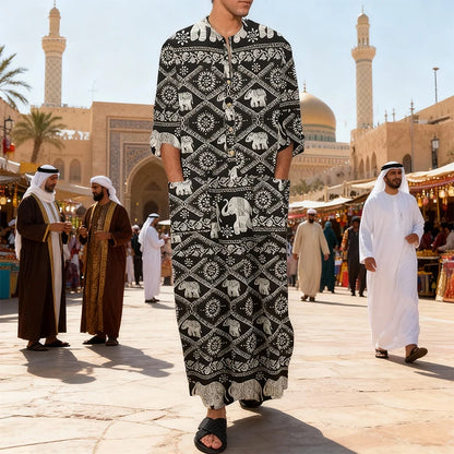 Men's Muslim Robes Ethnic Graphics Printed Long Sleeve Cotton Pockets Robes Casual Islamic Arab Kaftan Dubai Kaftan 2025 New