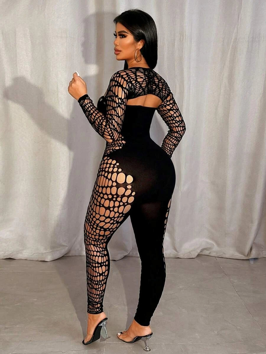 Nibber Sexy Hollow Strapless Jumpsuit+Shawl Women See Through Coquette Hipster Midnight Clubwear Activity Slim Workout Overalls