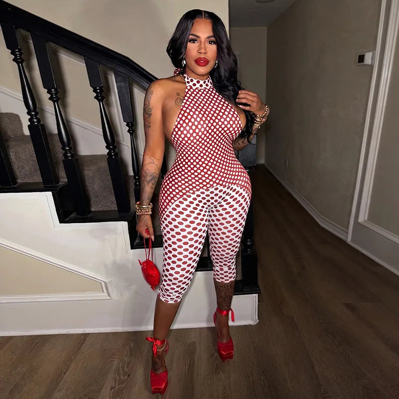 FAGADOER Color Patchwork Polka Dot Romper Retro Big Dot Bandage Halter Bodycon Jumpsuits Summer Streetwear Playsuits 2026 Trendy