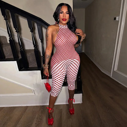 FAGADOER Color Patchwork Polka Dot Romper Retro Big Dot Bandage Halter Bodycon Jumpsuits Summer Streetwear Playsuits 2026 Trendy