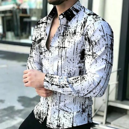 Men's shirt with contrasting stripes, long sleeved shirt, simple geometric lines, slim fit shirt, high-quality business top