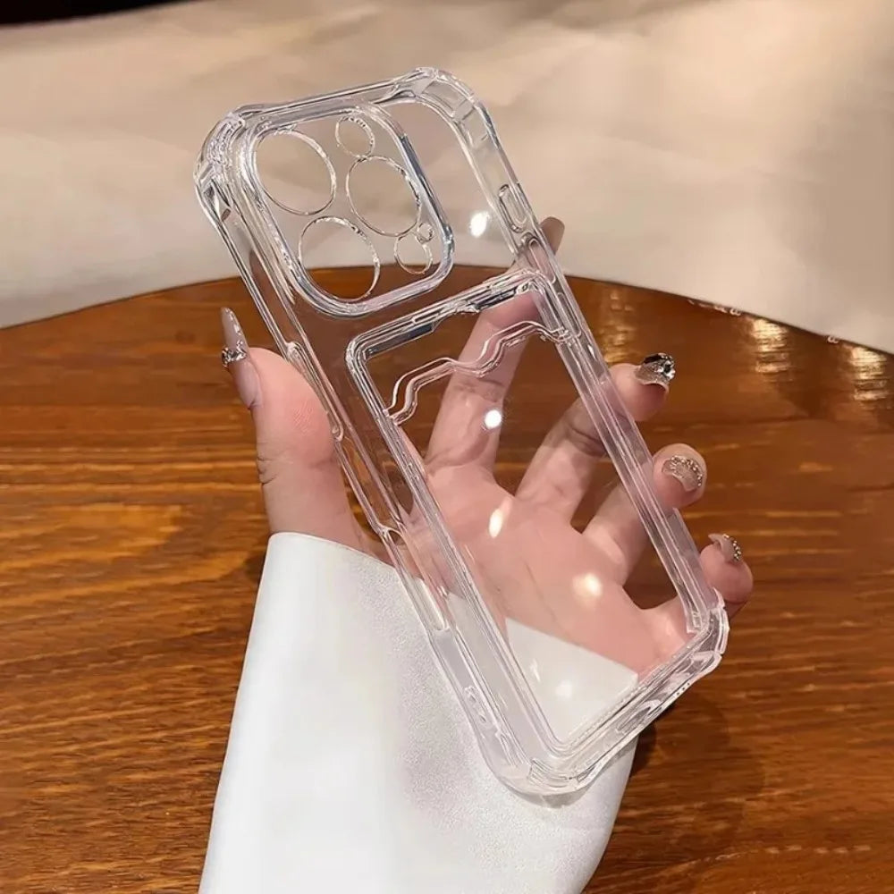 Wallet Card Holder Clear Soft Case For iPhone 16 11 13 12 14 15 17 Pro Max Plus Transparent Card Slots Shockproof Bumper Cover