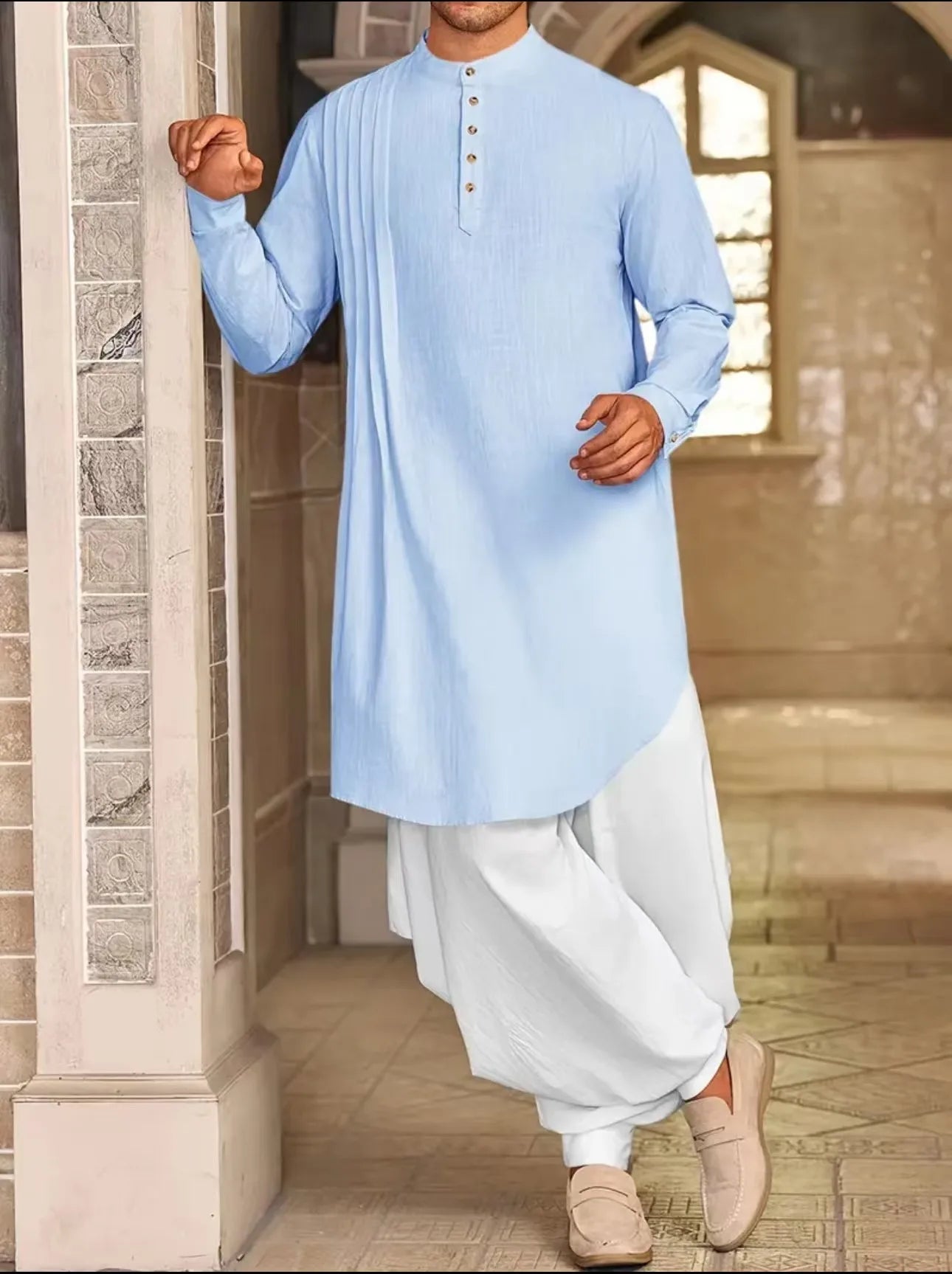 2026 Summer New Muslim Middle East Arab Malaysia Mens Button Cotton Linen Shirt Muslim Robe Long Sleeve Traditional Tops