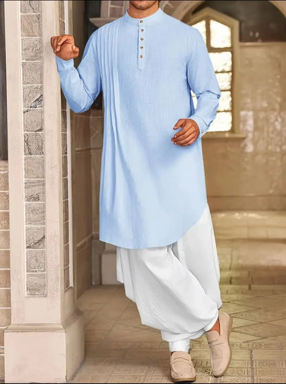 2026 Summer New Muslim Middle East Arab Malaysia Mens Button Cotton Linen Shirt Muslim Robe Long Sleeve Traditional Tops