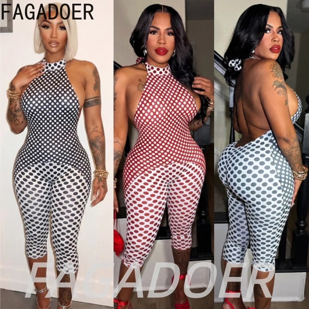 FAGADOER Color Patchwork Polka Dot Romper Retro Big Dot Bandage Halter Bodycon Jumpsuits Summer Streetwear Playsuits 2026 Trendy