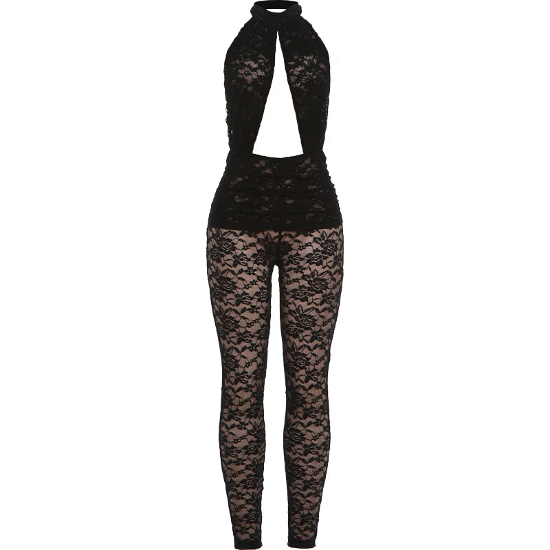 Nibber Hollow Jumpsuit Women Backless Halter Jacquard Sexy Trend Sleeveless Stretch Midnight Clubwear Patchwork Overalls