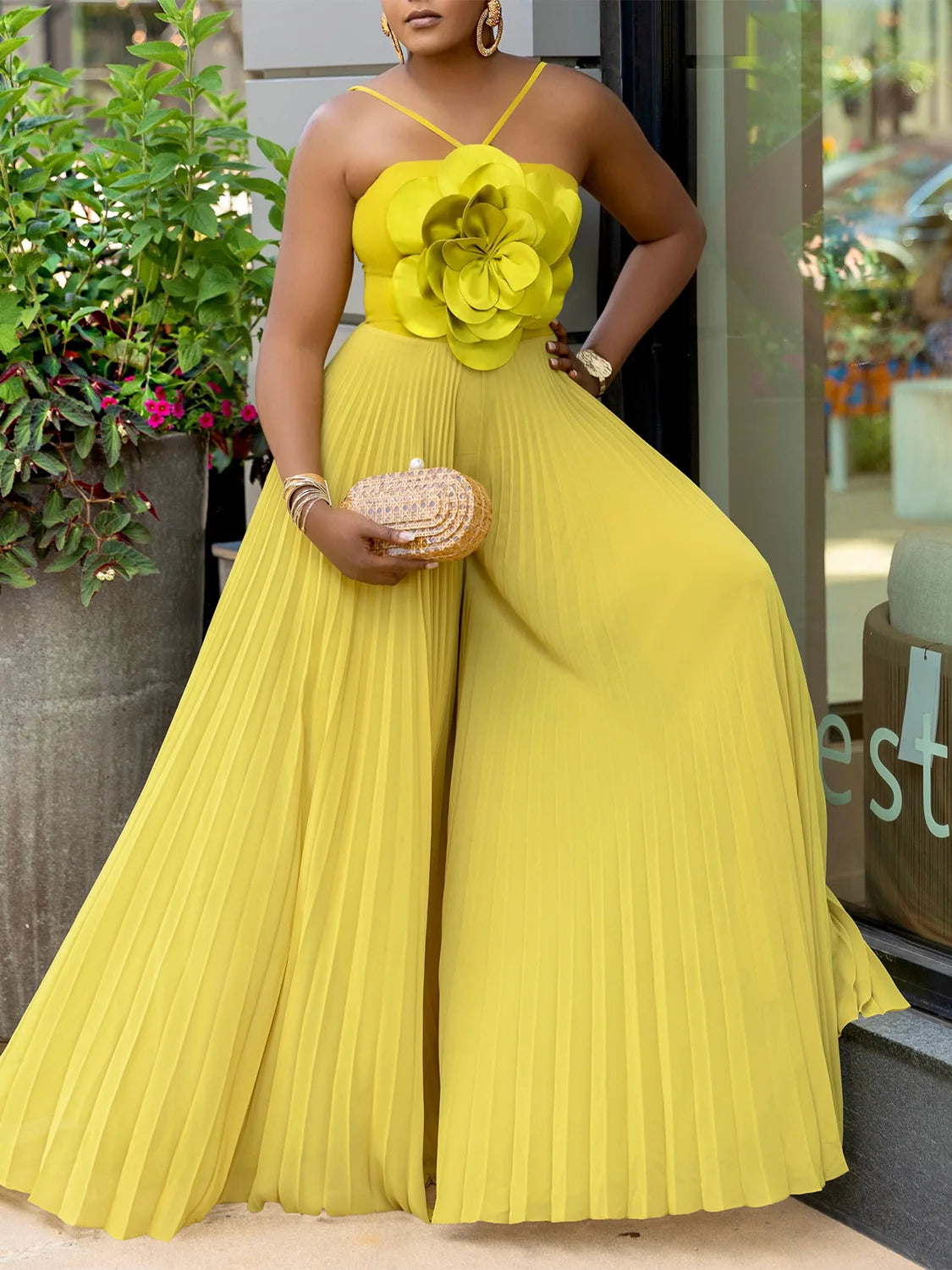 Women 3D Flower Sleeveless Pleated Strapless Wide Leg Long Jumpsuits Party Beach Fashion High Street Sexy Outfit Rompers