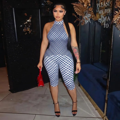 FAGADOER Color Patchwork Polka Dot Romper Retro Big Dot Bandage Halter Bodycon Jumpsuits Summer Streetwear Playsuits 2026 Trendy