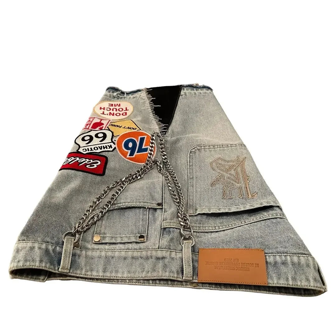 Short Denim Patchwork Cartoon BiggOrange – Style Hip-Hop Y2K, Coupe Loose &amp; Camo Rétro
