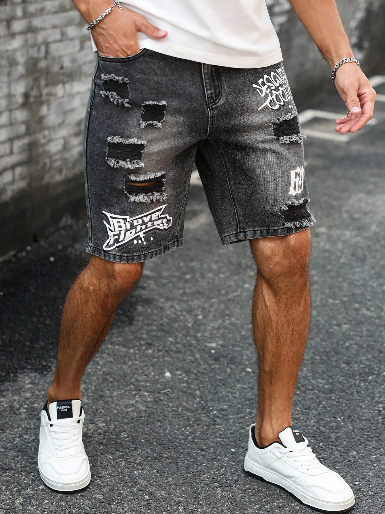 Short Denim Déchiré Imprimé – Style Casual Distressed &amp; Confort d'Été
