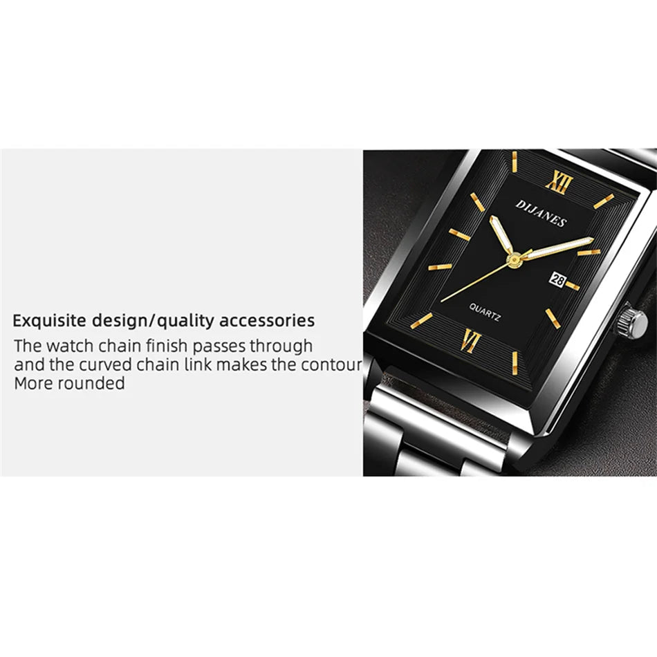 Top Brand Luxury Watches for Men Fashion Quartz Wristwatch Square Gold Stainless Steel Watch Band Business Clock Gold Watch