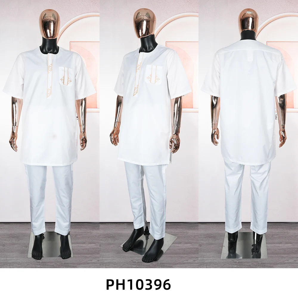 New African Traditional Clothes For Business Men Embroidery Dashiki Robe Shirt and Pants Sets 2 PCS Outfits Wedding Party 2025
