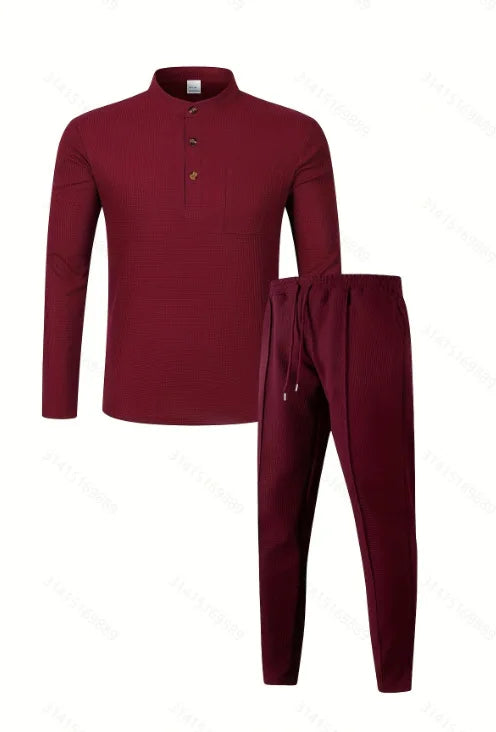Men's Waffle Check Stand-Up Collar Semi-Casual Business Suit Button-Down Top with Comfortable Trousers have 1/2pieces