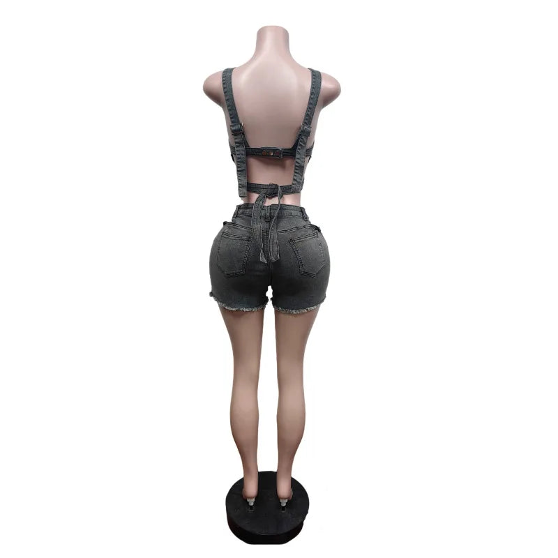 Ensemble 2 pièces Denim – Top Halter & Short Mini – Style Sexy & Club