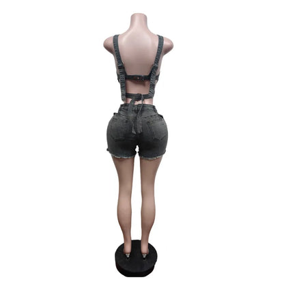 Ensemble 2 pièces Denim – Top Halter & Short Mini – Style Sexy & Club