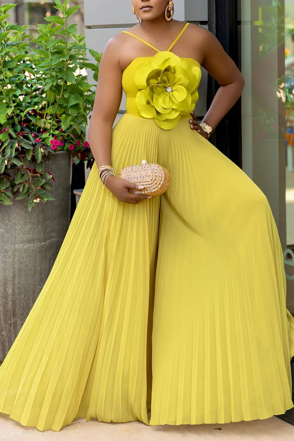 Women 3D Flower Sleeveless Pleated Strapless Wide Leg Long Jumpsuits Party Beach Fashion High Street Sexy Outfit Rompers