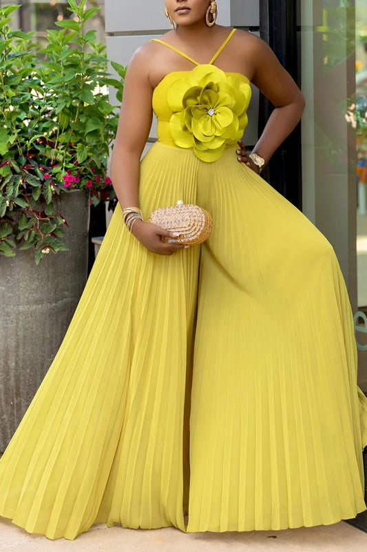 Women 3D Flower Sleeveless Pleated Strapless Wide Leg Long Jumpsuits Party Beach Fashion High Street Sexy Outfit Rompers