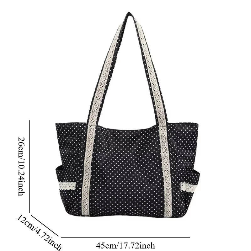 Korean Polka Dot Shoulder Bag For Women Retro Fashion Large Capacity Tote Bag Literary Work Commute Versatile Canvas Handbag