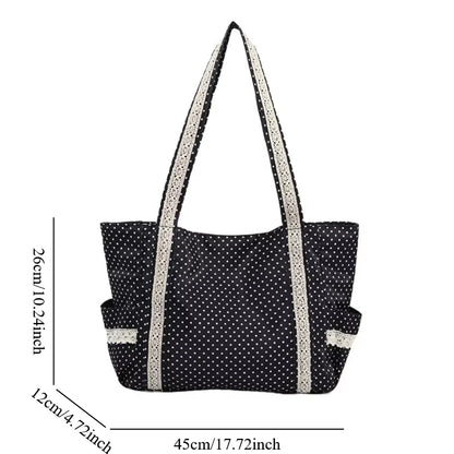 Korean Polka Dot Shoulder Bag For Women Retro Fashion Large Capacity Tote Bag Literary Work Commute Versatile Canvas Handbag