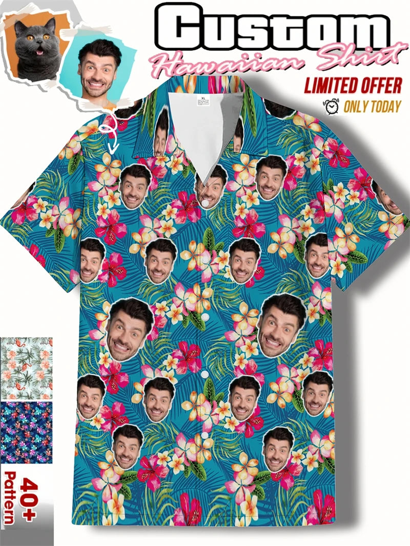 Free Custom Photo Face Team Hawaiian Man Shirts Coconut Tree Pattern Personalized Diy Face Beach Men Short Sleeve Aloha Shirts