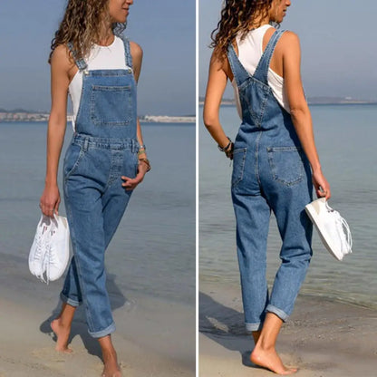 Women Denim Jumpsuit Side Pockets Adjustable Strap Plus Size Jumpsuit Loose Backless Square Neck Backless Lady Overalls 여성 점프슈트