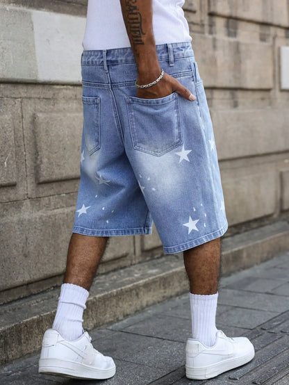 Short en Jean Ample Imprimé Étoiles – Style Casual, Lavage aux Enzymes &amp; Look d'Été