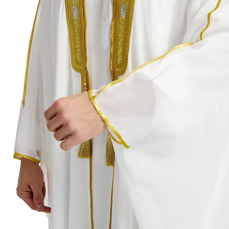 Islamic Men's Embroidered Prayer Robe Moroccan Open Abaya Kimono Eid Al Fitr Traditional Muslim Costume
