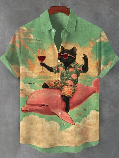 Funny Men's Cat Drinking Beer Shirts 3D Print Hawaiian Shirts Summer Men Women Short Sleeve Blouse Casual Vacation Beach Y2k Top