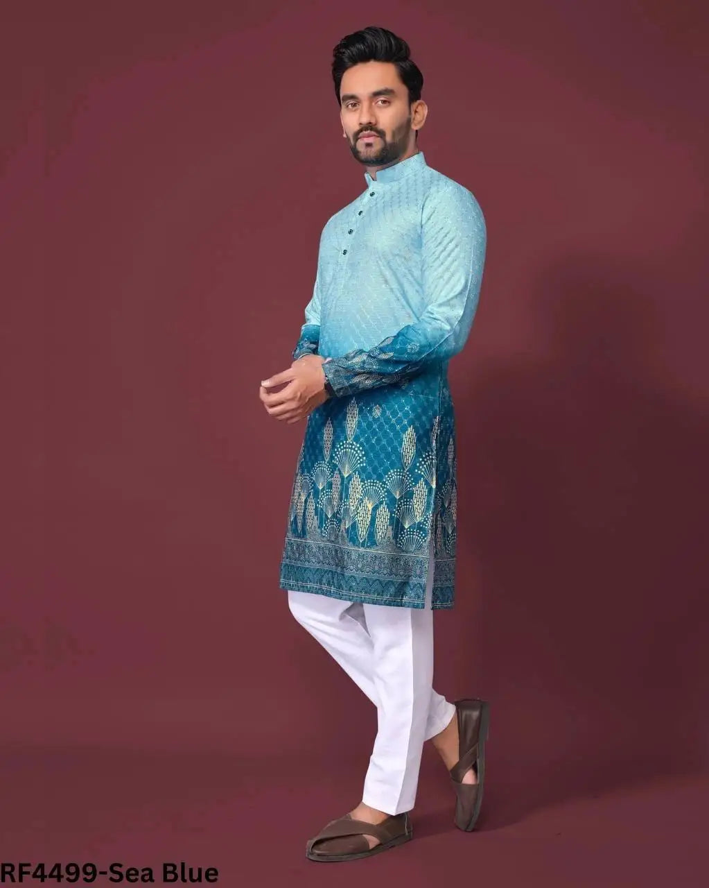 Stand Collar Muslim Shirt Men Clothes Folk Kaftan Musulman Kurta Indian Islamic Clothing National Printed Long Sleeve Shirts