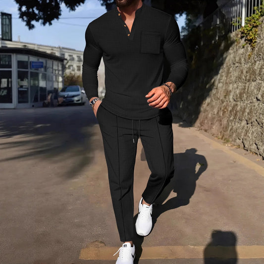 Men's Waffle Check Stand-Up Collar Semi-Casual Business Suit Button-Down Top with Comfortable Trousers have 1/2pieces