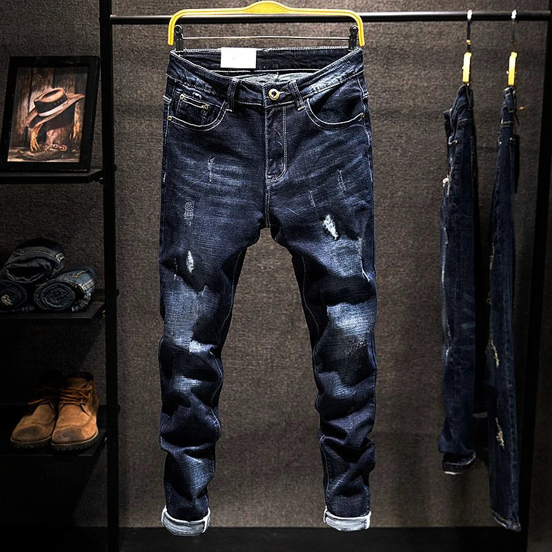 Jean Slim Déchiré Usé Tsingyi – Style Casual, Effet Moustache &amp; Confort Stretch