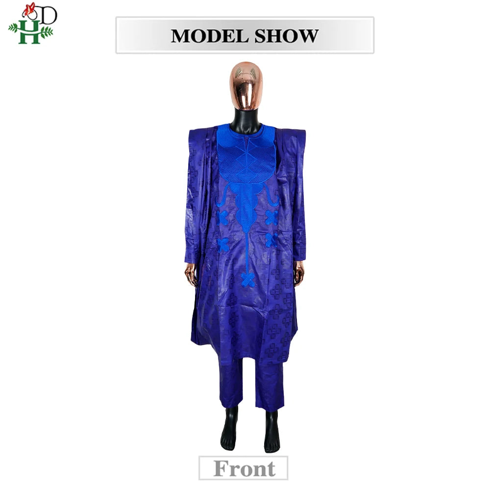 H&D African Clothing Traditional 3PCS Outfit For Man Bazin Riche Agbada Embroidery Wedding Party Plus Size Muslim Men Clothing