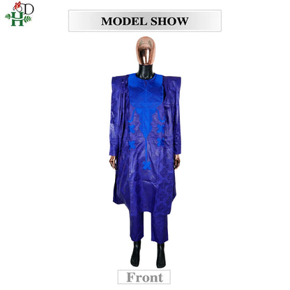 H&D African Clothing Traditional 3PCS Outfit For Man Bazin Riche Agbada Embroidery Wedding Party Plus Size Muslim Men Clothing