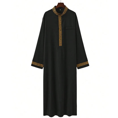 Muslim men's thobe long sleeves embroidered stand-up loose casual Saudi Arabia Islamic men's Abaya parties traditional clothing