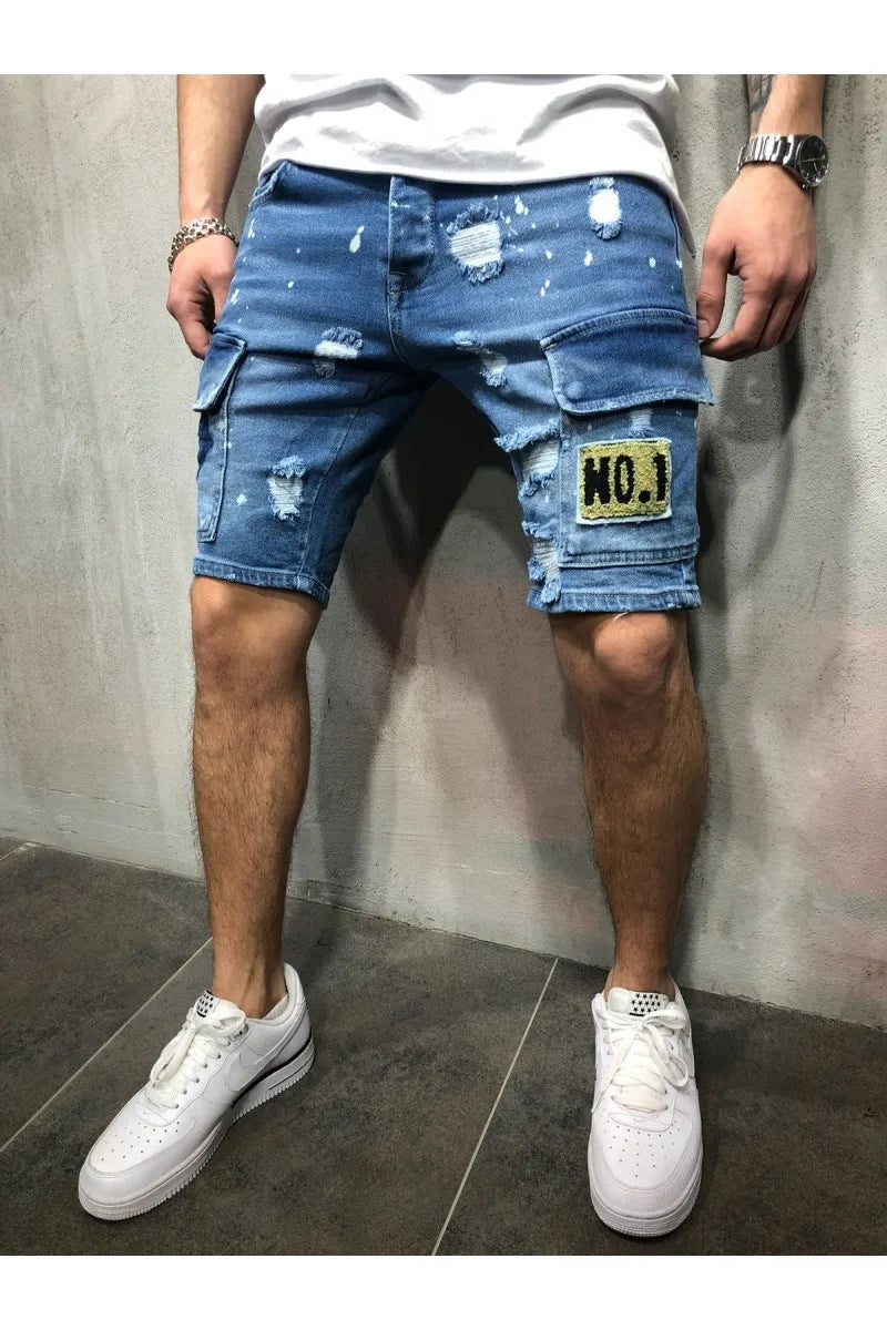 2026 Men's Summer Short Jeans High Stretch Fashion Casual Denim Shorts Male Slim Fit Elastic Badge Pockets Hole Shorts for Men
