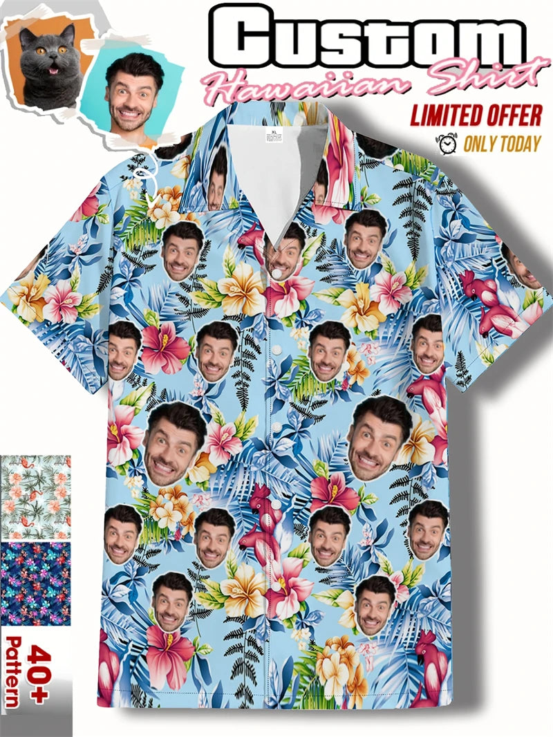 Free Custom Photo Face Team Hawaiian Man Shirts Coconut Tree Pattern Personalized Diy Face Beach Men Short Sleeve Aloha Shirts